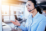 Call center, help desk and listening with woman in office for customer service, technical support or hotline. Telemarketing, contact us and communication with employee for legal advice and operator