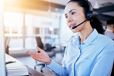 Buy stock photo Call center, help desk and listening with woman in office for customer service, technical support or hotline. Telemarketing, contact us and communication with employee for legal advice and operator