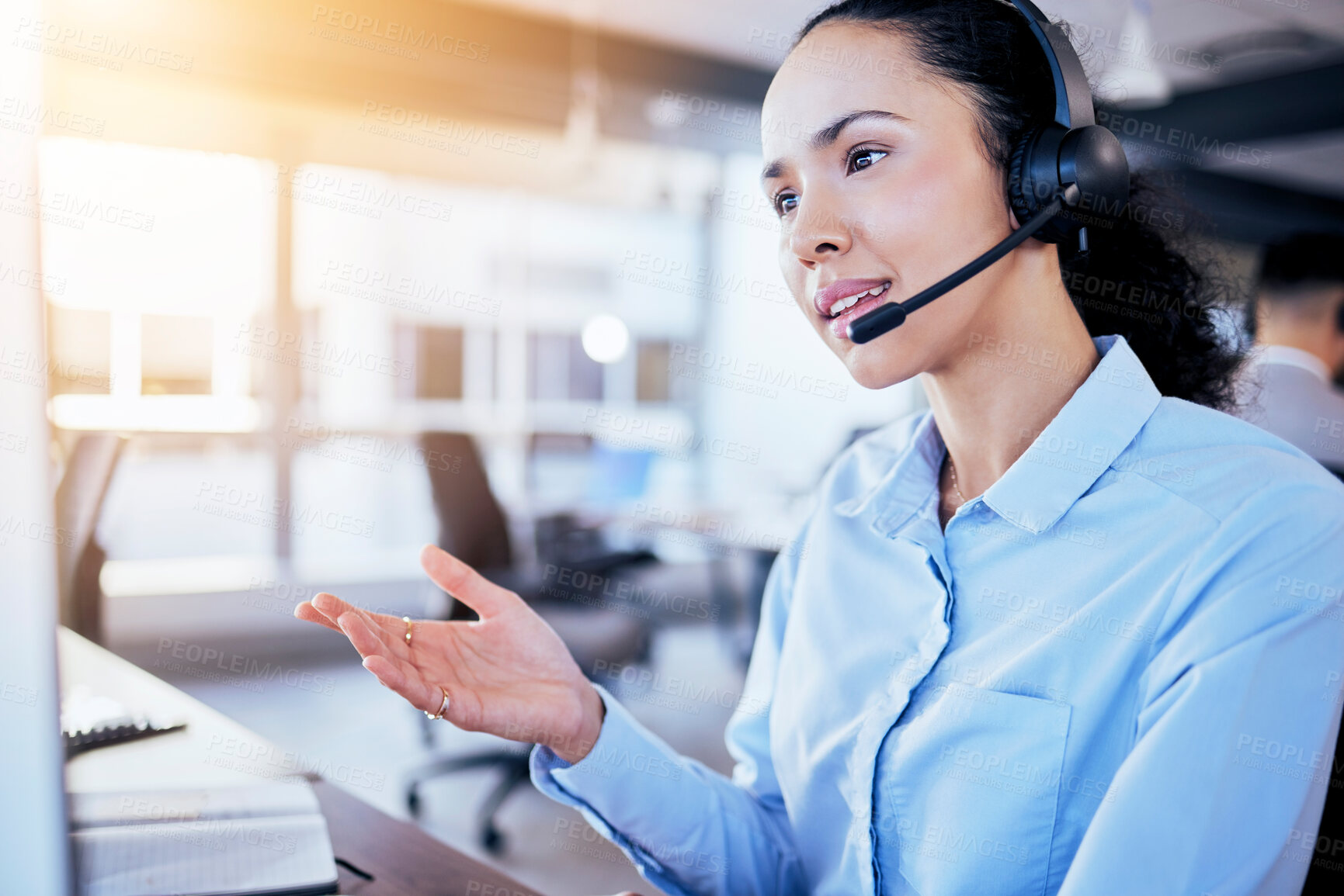 Buy stock photo Call center, help desk and listening with woman in office for customer service, technical support or hotline. Telemarketing, contact us and communication with employee for legal advice and operator