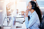 Call center, computer and explain with woman in office for customer service, technical support or help desk. Telemarketing, contact us and communication with employee for legal advice and operator