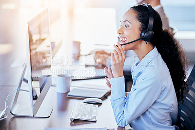 Buy stock photo Call center, computer and explain with woman in office for customer service, technical support or help desk. Telemarketing, contact us and communication with employee for legal advice and operator