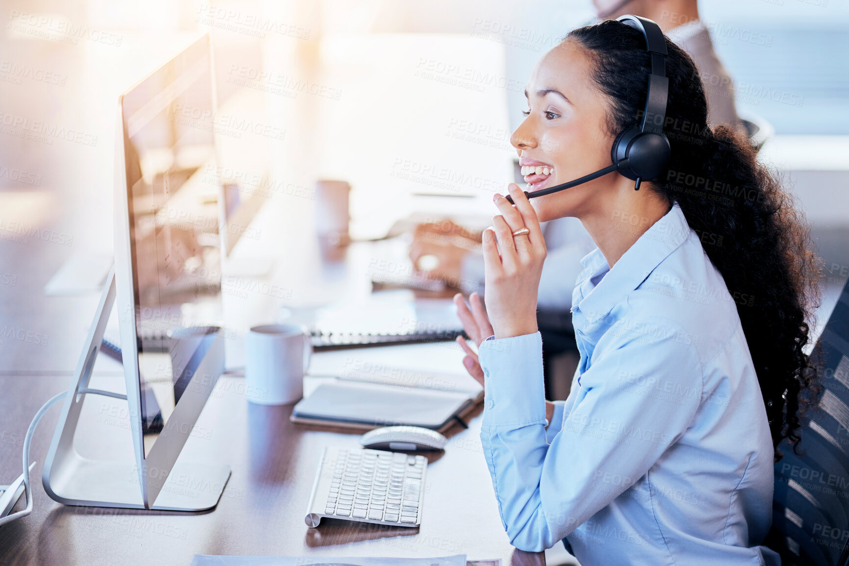 Buy stock photo Call center, computer and explain with woman in office for customer service, technical support or help desk. Telemarketing, contact us and communication with employee for legal advice and operator