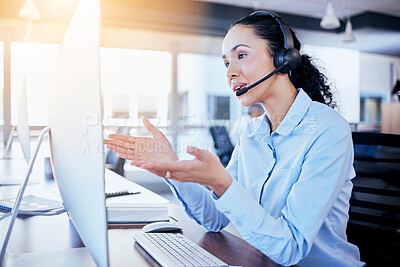 Buy stock photo Call center, computer and online meeting with woman in office for customer service, technical support or help desk. Virtual, contact us and communication with employee for legal advice and operator