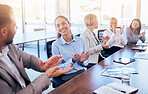 Business people, meeting and applause for winning, collaboration or team success in conference at the office. Group of happy employee workers clapping in teamwork, win or achievement at the workplace