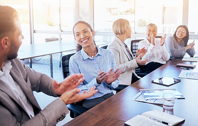 Buy stock photo Business people, meeting and applause for winning, collaboration or team success in conference at the office. Group of happy employee workers clapping in teamwork, win or achievement at the workplace