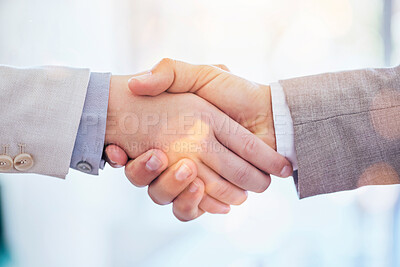 Buy stock photo Business people, handshake and meeting for deal, partnership or team collaboration at office. Employees shaking hands in teamwork, trust or b2b for agreement, greeting or introduction at workplace