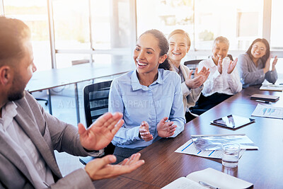 Buy stock photo Business people, meeting and applause for winning, teamwork or success in conference at the office. Group of happy employee workers clapping in team collaboration, win or achievement at the workplace
