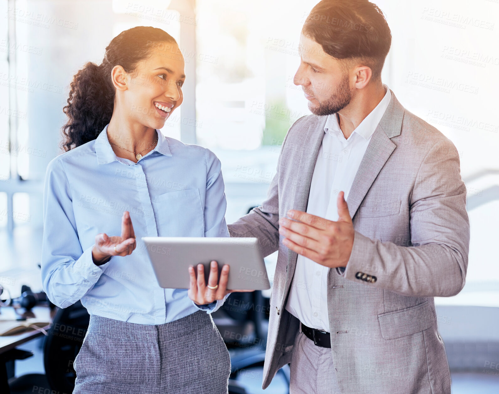 Buy stock photo Business people, tablet and idea in team collaboration, planning or strategy at the office. Happy woman showing businessman ideas for project plan, design or solution on technology at the workplace