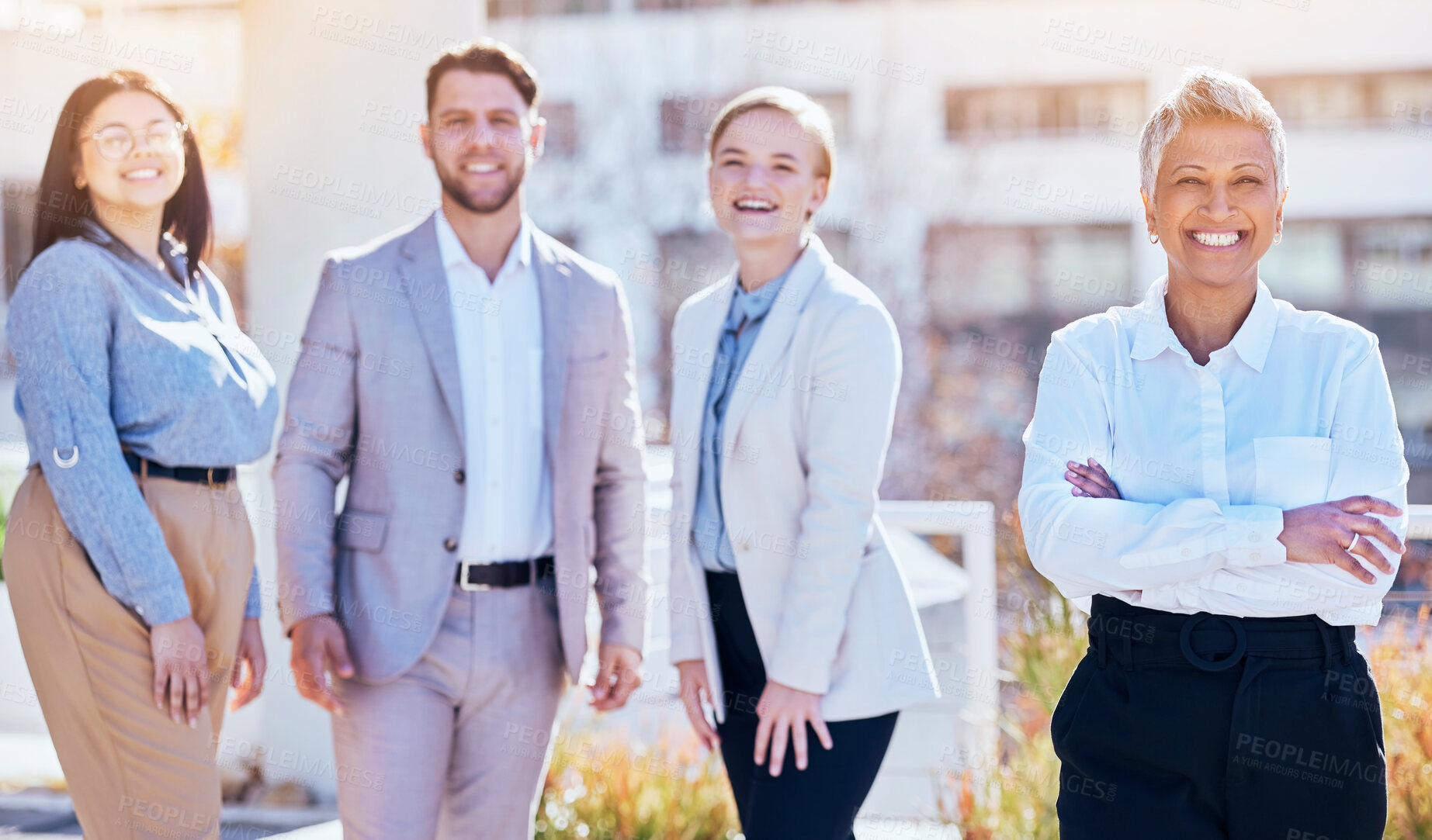 Buy stock photo Portrait, group of happy business people at team building outside modern office and employees at creative start up. Diversity, happiness and smile, man and women with proud work leader at startup.