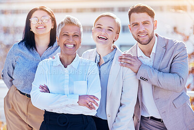 Buy stock photo Happiness, business and team portrait of group of people outside office, happy and employees at creative startup. Diversity, teamwork or smile, man and women in outdoor picture together at workplace.