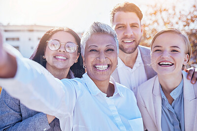 Buy stock photo Selfie, happiness and woman boss with team outside office with happy business employees at creative start up. Diversity, group of people and smile, work friends in staff picture together at workplace
