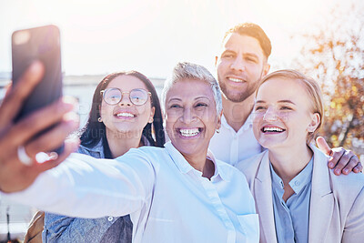 Buy stock photo Happy business people, smile and selfie for profile picture, team building or friends in the outdoors. Group of employee coworkers smiling for photo, social media or friendship on work break outside
