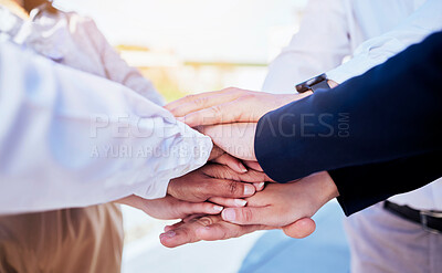 Buy stock photo Business people, hands together and teamwork in agreement, collaboration or meeting outdoors. Group of employees in team building piling hand for unity, partnership or coordination in solidarity