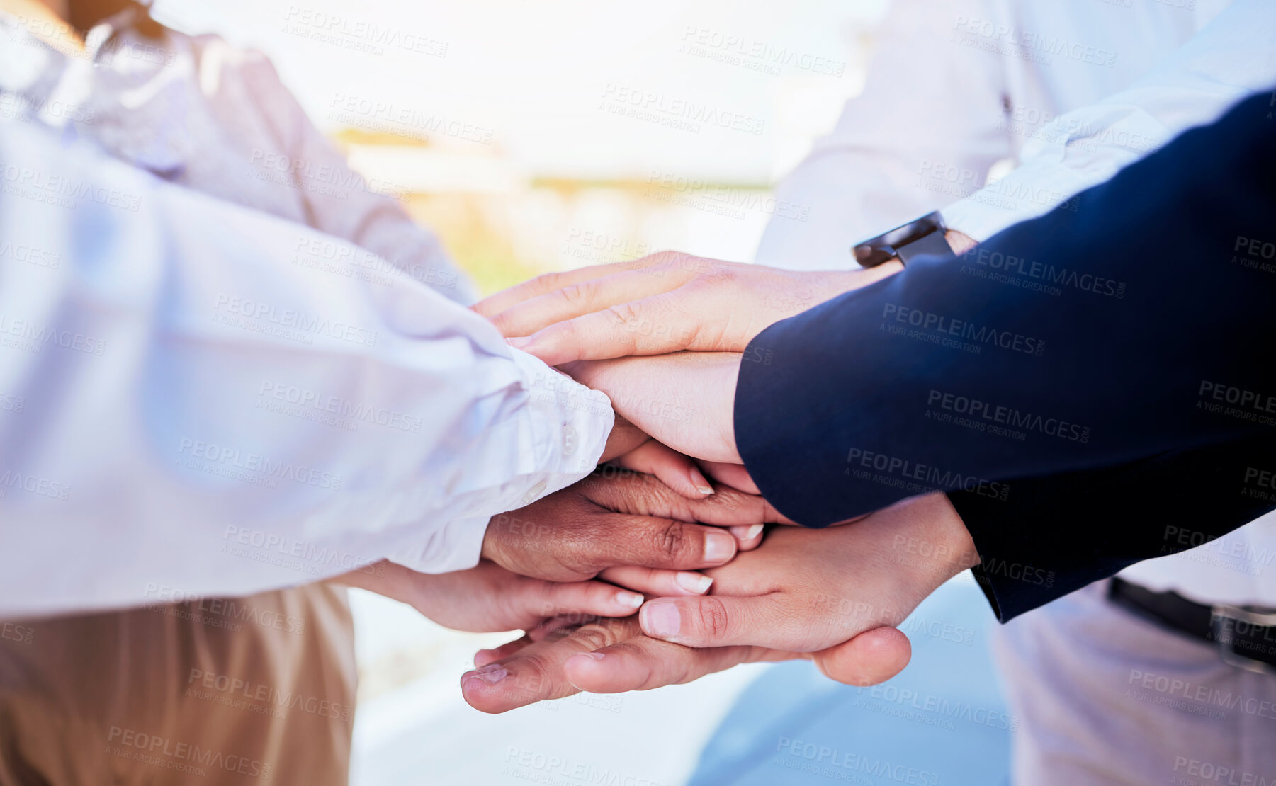 Buy stock photo Business people, hands together and teamwork in agreement, collaboration or meeting outdoors. Group of employees in team building piling hand for unity, partnership or coordination in solidarity