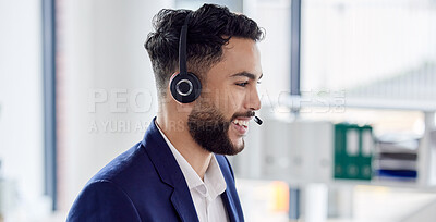 Buy stock photo Call center, consulting and smile with man in office for networking, friendly or customer service. Happy, contact us and help desk with male employee for communication, virtual and legal advice