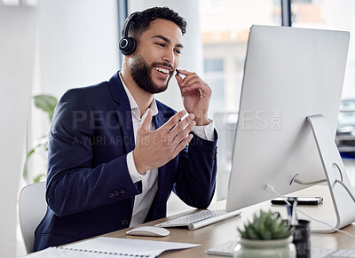 Buy stock photo Call center, consulting and explain with man in office computer for networking, friendly or customer service. Happy, contact us and help desk with employee for communication, virtual and tech advice