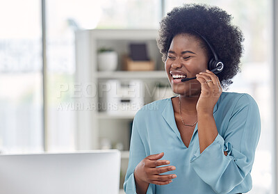Buy stock photo Call center, consulting and laughing with black woman in office for networking, friendly or customer service. Happy, contact us and help desk with employee for communication, virtual and legal advice