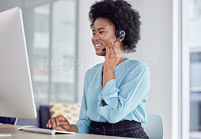 Buy stock photo Call center, consulting and computer with black woman in office for networking, friendly or customer service. Happy, contact us and help desk with employee for communication, virtual and legal advice