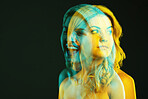 Double exposure, idea and mockup with a woman on a dark background in studio for neon art or fantasy. Overlay, thinking and beauty with an attractive young female model posing on a black backdrop