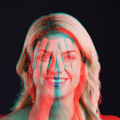 Buy stock photo Woman, beauty portrait and double exposure with hands on face, cosmetics and headshot with smile. Girl, model and neon glow with overlay, creativity and reflection in studio by black background
