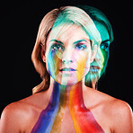 Woman, fantasy portrait or double exposure with rainbow paint for beauty, cosmetics or headshot. Girl, model and neon glow for painting, creativity or shine for body art in studio by black background
