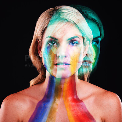 Buy stock photo Woman, fantasy portrait or double exposure with rainbow paint for beauty, cosmetics or headshot. Girl, model and neon glow for painting, creativity or shine for body art in studio by black background