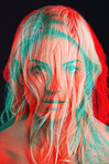 Woman, portrait and double exposure for hair, cosmetics and headshot for beauty with art deco aesthetic. Girl, model and neon glow with overlay, creativity and reflection in studio for hairstyle