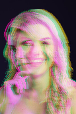 Buy stock photo Double exposure, beauty and portrait of woman with smile on black background for cosmetics, glow and makeup. Neon aesthetic, art deco and face of female model happy, laughing and confident in studio