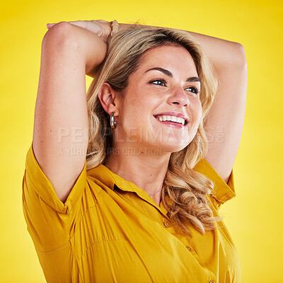 Buy stock photo Happy woman, studio and yellow background of a model with a smile and feeling carefree. Relax, isolated and young female person with youth, style and happiness in trendy fashion clothes