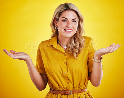 Buy stock photo Portrait, shrug and woman with a smile, confused and decision with lady against studio background. Face, female model and person with happiness, doubt and unsure with choices, hand gesture and emoji