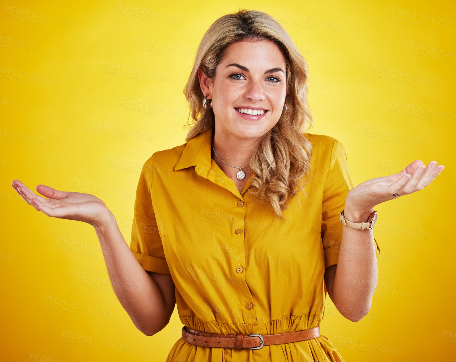 Buy stock photo Portrait, shrug and woman with a smile, confused and decision with lady against studio background. Face, female model and person with happiness, doubt and unsure with choices, hand gesture and emoji