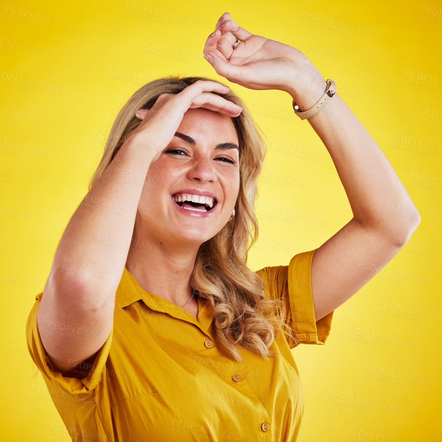 Buy stock photo Smile, shy and hide with portrait of woman in studio for cover, freedom and surprise. Happy, announcement and celebration with female isolated on yellow background for hiding, excited and wow