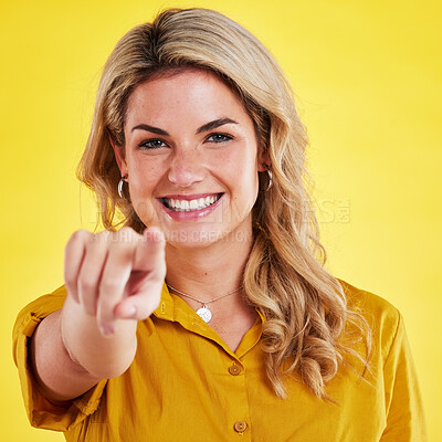 Buy stock photo Recruitment, happy and portrait of a woman pointing finger isolated on a yellow background in a studio. Smile, hiring choice and an hr manager with a gesture for a decision, support and opportunity