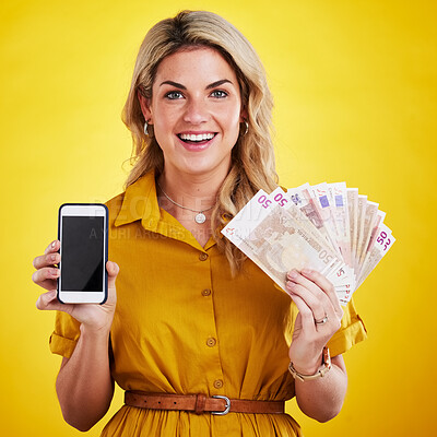 Buy stock photo Portrait, smile and woman with phone and money in studio isolated on a yellow background mockup. Cellphone, euros and happiness of female person with cash after winning lottery, prize or competition
