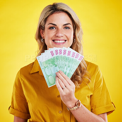 Buy stock photo Smile, portrait and woman with money fan in studio isolated on a yellow background. Winner, financial freedom and rich female person with cash or euros after winning lottery, prize or competition.