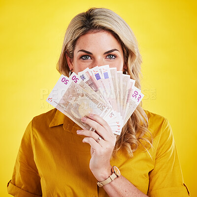 Buy stock photo Portrait, euros and woman with money fan in studio isolated on a yellow background. Winner, financial freedom and rich female person with cash profit after winning lottery, bonus prize or competition