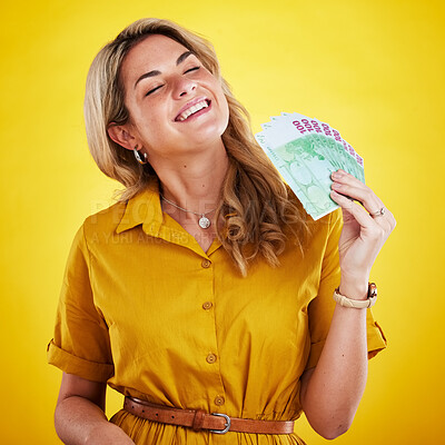Buy stock photo Smile, rich and woman with cash, winning and wealthy lady against a studio background. Female person, happy  model or winner with money, happiness or excited for finance bonus or competition giveaway