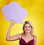Portrait, smile and woman with speech bubble for social media in studio isolated on a yellow background. Poster, mockup and happy female person with advertising banner, marketing opinion and voice.