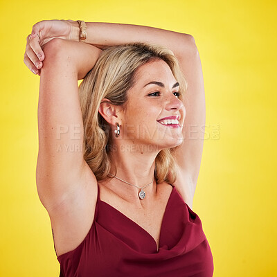 Buy stock photo Fashion beauty, face and happy studio woman with smile for facial cosmetics, trendy clothes or aesthetic makeup. Happiness, satisfaction and fashionable female model isolated on yellow background