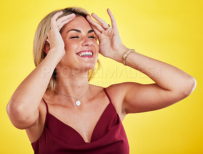 Buy stock photo Fashion, beauty and woman laughing, happy and smile for cosmetics, trendy clothes or aesthetic makeup. Funny joke, luxury apparel and female model laugh at comedy isolated on yellow background