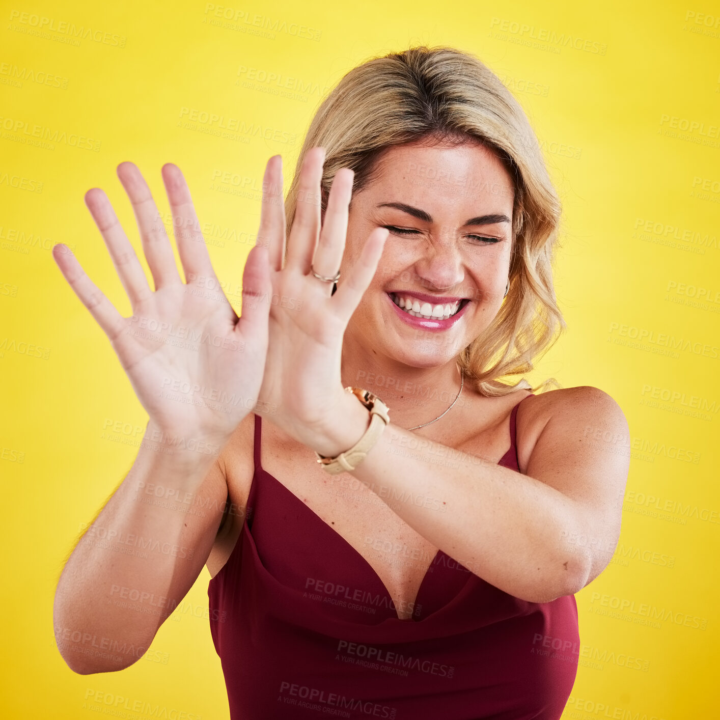 Buy stock photo Fashion, laugh and woman with hands on yellow background in trendy, stylish and modern clothes. Laughing, happiness and face of isolated female person with palms up, confidence and happy in studio