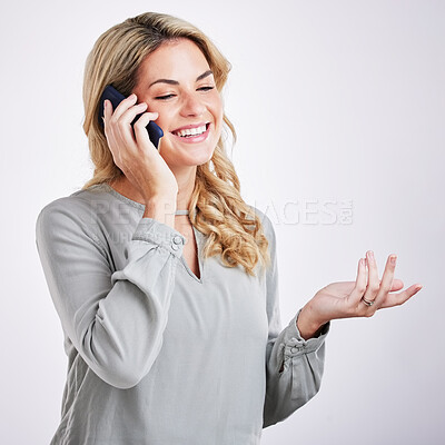 Buy stock photo Business, phone call and woman with a smile, talking and connection against a grey studio background. Female employee, person and happy consultant with a smartphone, communication and conversation