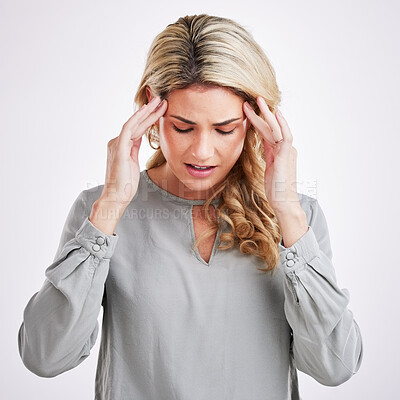 Buy stock photo Stress, anxiety and woman in studio with headache, brain fog and pain against grey background. Migraine, depression and female suffering from problem, vertigo and burnout, frustrated and tired