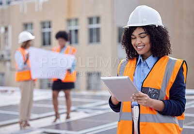 Buy stock photo Solar panels, engineering and tablet with woman on roof for planning, renewable energy and leadership. Sustainability, technology and photovoltaic maintenance with female engineer for inspection
