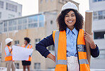 Construction worker, woman with blueprint and floor plan, engineering and architect at work site. Project management, portrait and happy female contractor, building industry and labor outdoor