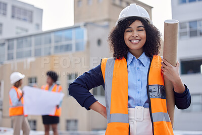 Buy stock photo Construction worker, woman with blueprint and floor plan, engineering and architect at work site. Project management, portrait and happy female contractor, building industry and labor outdoor