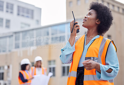 Buy stock photo Construction worker, black woman with walkie talkie and inspection of work site, engineering and architecture. Communication, technology and female contractor, building industry and labor outdoor