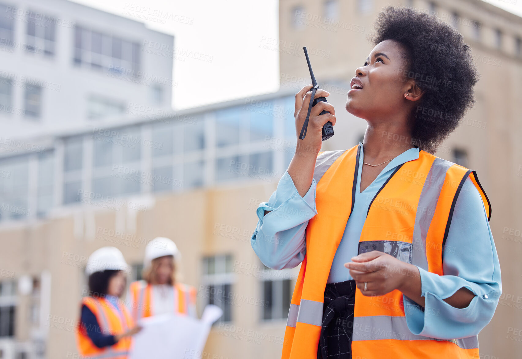Buy stock photo Construction worker, black woman with walkie talkie and inspection of work site, engineering and architecture. Communication, technology and female contractor, building industry and labor outdoor