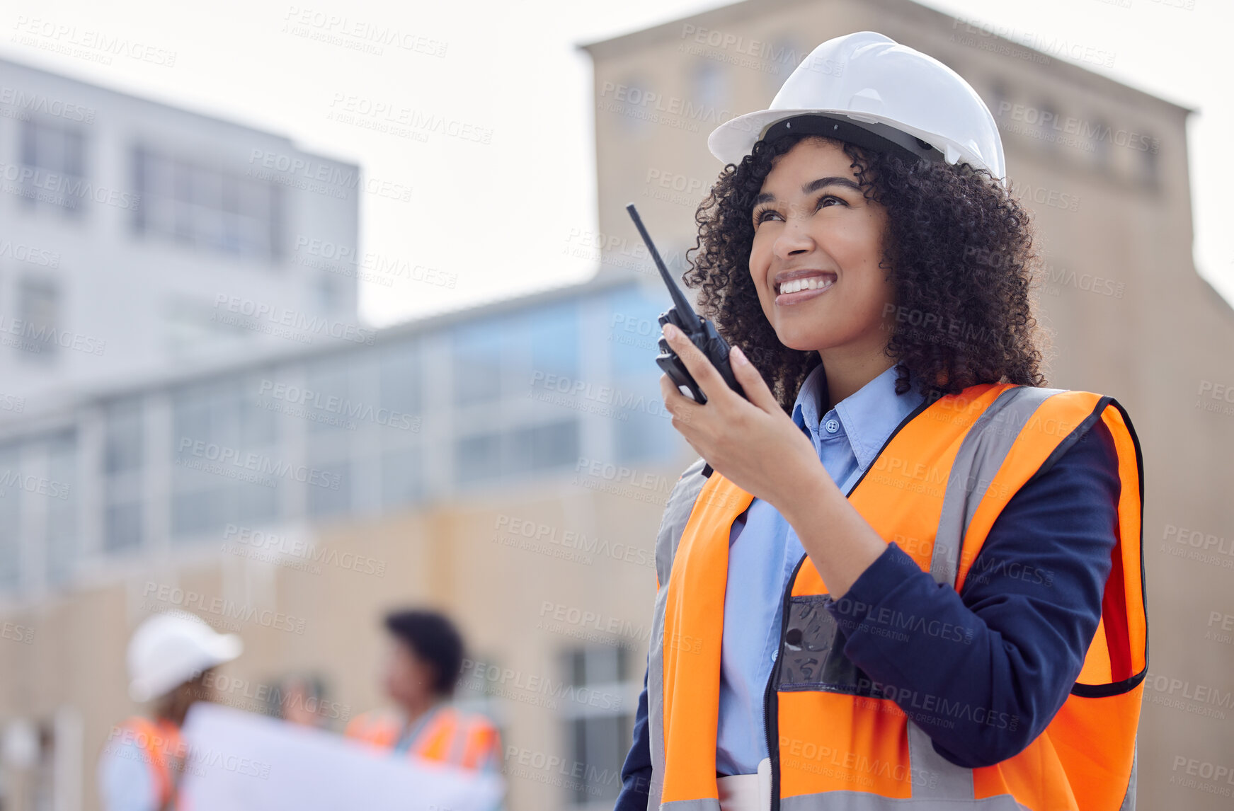 Buy stock photo Construction worker, woman with walkie talkie and communication, engineering and architect at work site. Inspection, technology and happy female contractor, building industry and labor outdoor