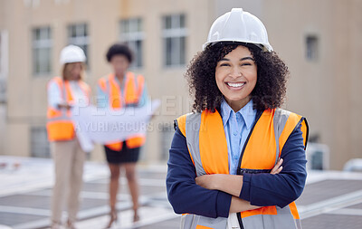 Buy stock photo Construction worker, woman with smile in portrait and builder at work site with engineering and architecture. Happy female contractor in helmet, building industry and infrastructure with arms crossed